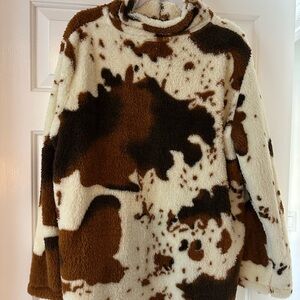 Rustic Ranch Cow Print Sherpa Pullover with Back-Zip Detail